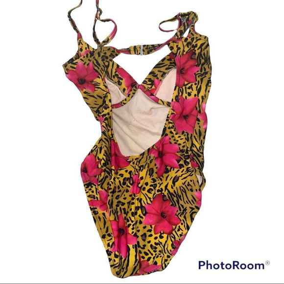 Animal Print and Floral One Piece Swimsuit - Picture 2 of 2